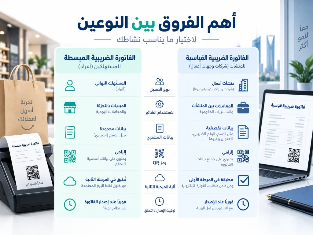 أهم الفروق بين الفاتورة الضريبية المبسطة والقياسية في السعودية