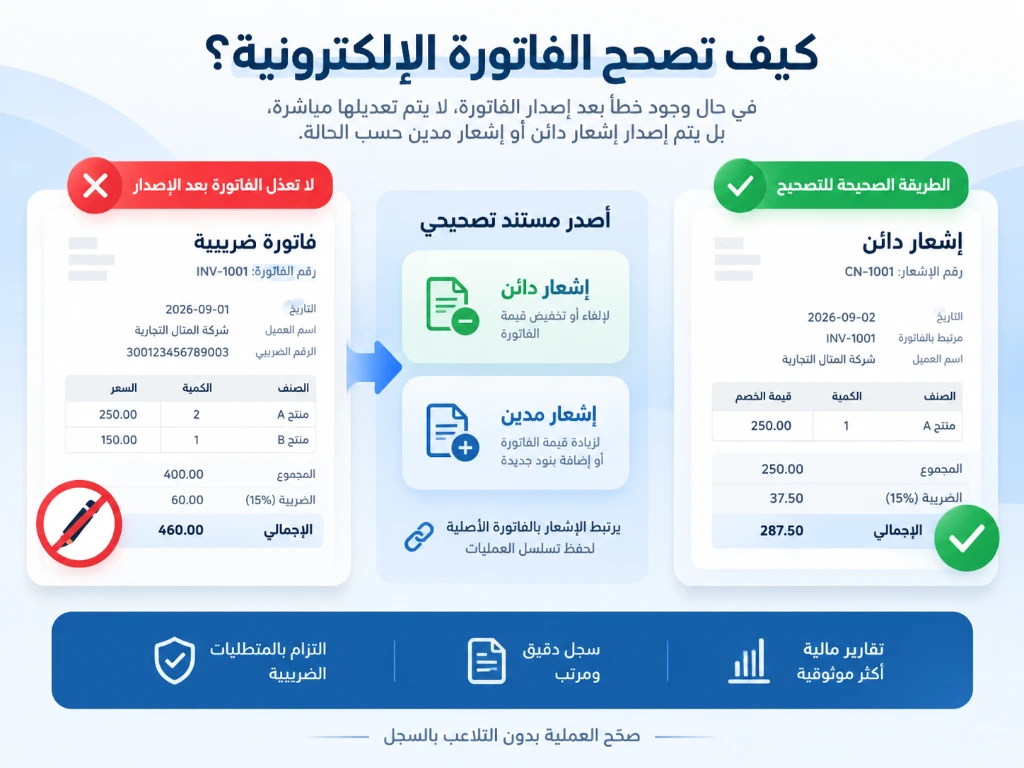 تصحيح الفاتورة الإلكترونية باستخدام الإشعار الدائن أو الإشعار المدين